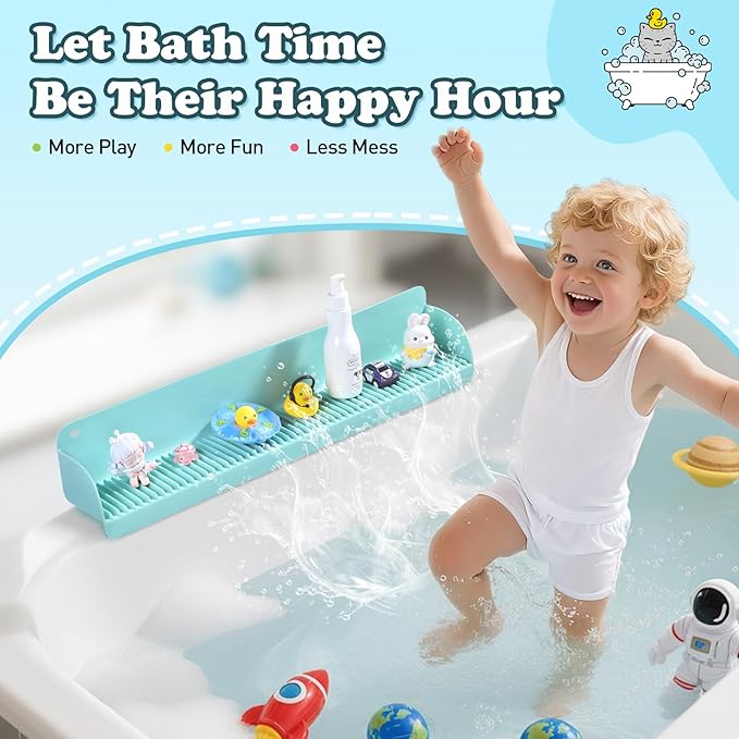 24 Inch Bathtub Splash Guard with 10 Suction Cups, Silicone Tub Water Splash Guard for Bathtub, Bath Toy Tray Holder Play Shelf for Kids, Universal for Bathroom, Kitchen Sink (Green)