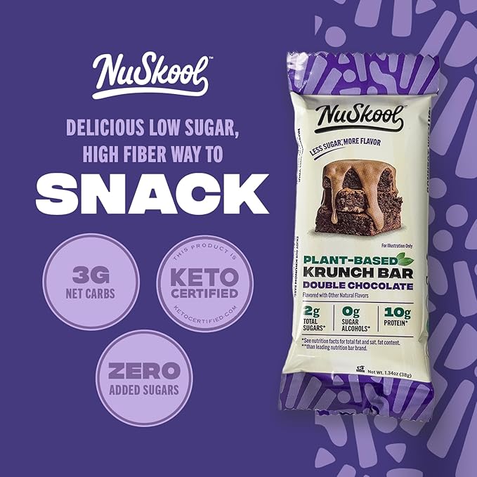 NuSkool Snacks Double Chocolate Keto Friendly Protein Krunch Bars (12 Pack) - 7g Fiber, 10g Clean Plant-Based Protein, 3g Net Carbs - Gluten-Free, Non-GMO, Vegan, Low Carb Keto Healthy Breakfast Snack