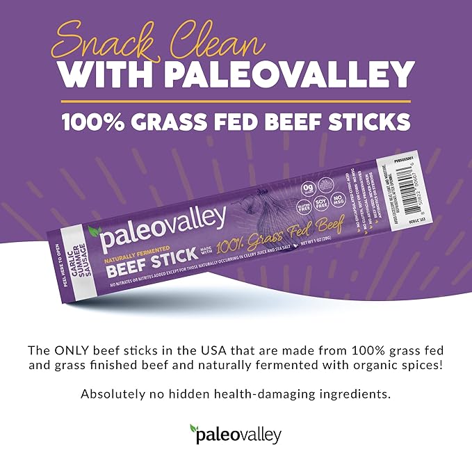 Paleovalley 100% Grass Fed Garlic Summer Sausage Beef Sticks - Delicious Gluten Free Beef Snack - High Protein Keto Friendly