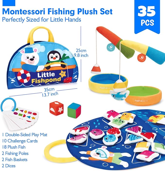 hahaland Montessori Toys for 1 Year Old - Fishing Game for Toddlers 1-3 with Shapes Colors Learning Mat, Dices, Fish, 2 Poles, Cards, 1 Year Old Educational Toys Stocking Stuffers Toddler Games Ages 2