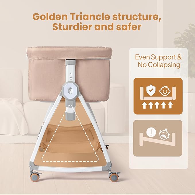 JOYMOR 3 in 1 Baby Bassinet, Bedside Bassinet for Baby, with Comfy Mattress and Wheels, 6 Height Adjustable Easy Folding Portable Bedside Crib for Newborn (Beige)
