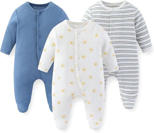 Unisex Baby Boy Girl Footies Rompers Cotton Long Sleeve 3 Pack Infant Jumpsuits 0-12Months Babies' Outfits
