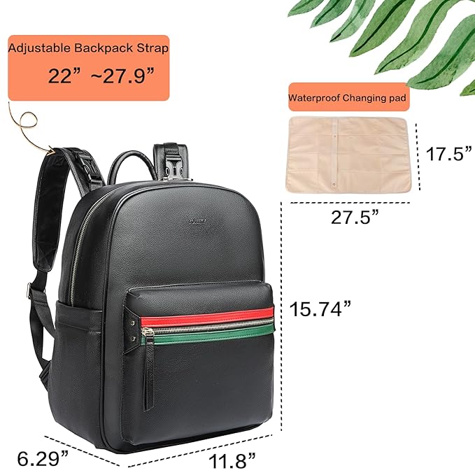 Leather Diaper Bag Backpack for Women with Multiple Pockets,Laptop Compartment and Changing Pad.