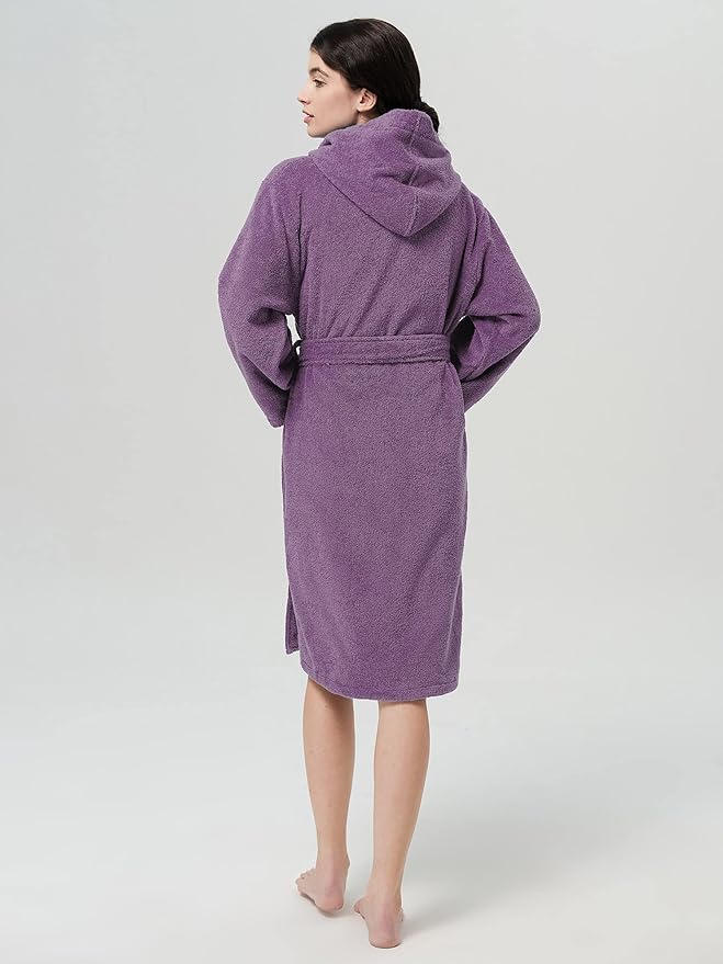 SIORO Womens Hooded Terry Cloth Robe, Cotton Absorbent Knee-Length Bathrobe, Housecoat with Pockets for Spa & Shower
