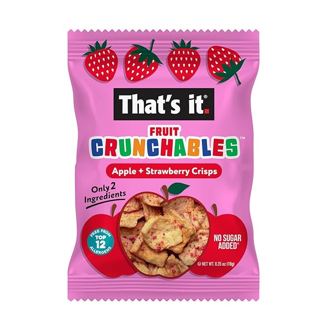 That’s it. Fruit Crunchables Apple + Strawberry Crisps, 15-Pack – 100% Real Fruit Snacks for Kids, Plant-Based, Non-GMO, Gluten-Free, No Sugar Added, Allergen-Free, Healthy Lunchbox Snack