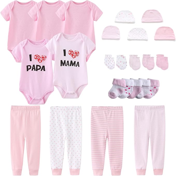 Newborn Layette Gift Set Bodysuits Pants for Baby Girl and Boy 24 Piece 100% Cotton Essentials and Accessories