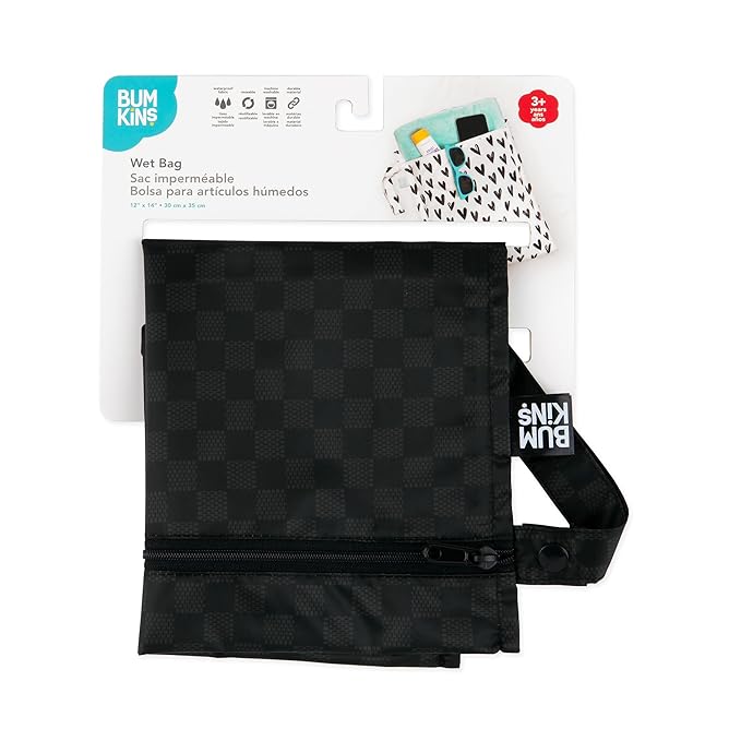 Bumkins Waterproof Wet Bag for Baby, Travel, Swim Suit, Cloth Diapers, Pump Parts, Pool, Beach, Gym Clothes, Toiletry, Hook to Stroller, Daycare, Zipper Reusable Wetdry Packing Pouch, Black Check