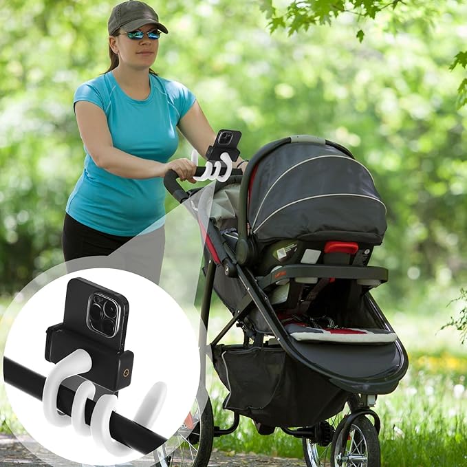 Amylove 2 Pcs Stroller Phone Holder Portable Cell Phone Holder Stand Universal Stroller Accessories for Parent Baby Toddler Cellphone Clamp with Non Slip Silicone Arm Grip(White,Novel)