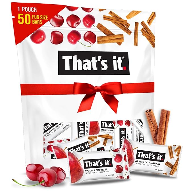 That’s it. Fun Size Fruit Bars Variety Pack - Apple + Cherry & Apple + Cinnamon (50 Pieces, 10g Each), Non-GMO, Kosher, Gluten Free, Breakfast Snacks, Allergy Friendly