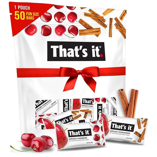 That’s it. Fun Size Fruit Bars Variety Pack - Apple + Cherry & Apple + Cinnamon (50 Pieces, 10g Each), Non-GMO, Kosher, Gluten Free, Breakfast Snacks, Allergy Friendly