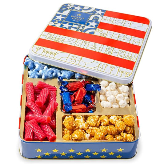 Gift Basket– Sweets Include Soft Licorice, Gummy Stars, Champagne Bubbles, Caramel Popcorn & Foiled Caramels – America Summer Candy Sampler- Memorial Day Tin- Bonnie & Pop