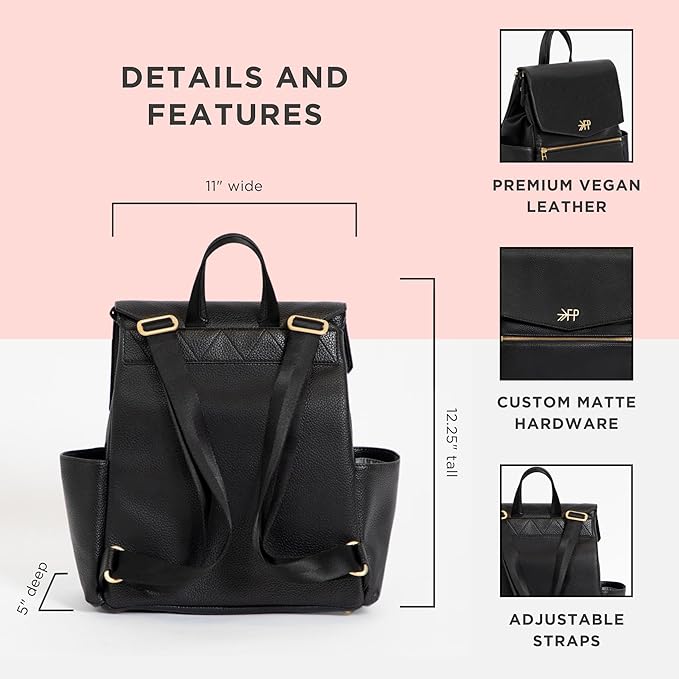 Freshly Picked Mini Classic Diaper Bag Backpack, Wipeable Vegan Leather Black, 8 Pockets Total (Ebony)