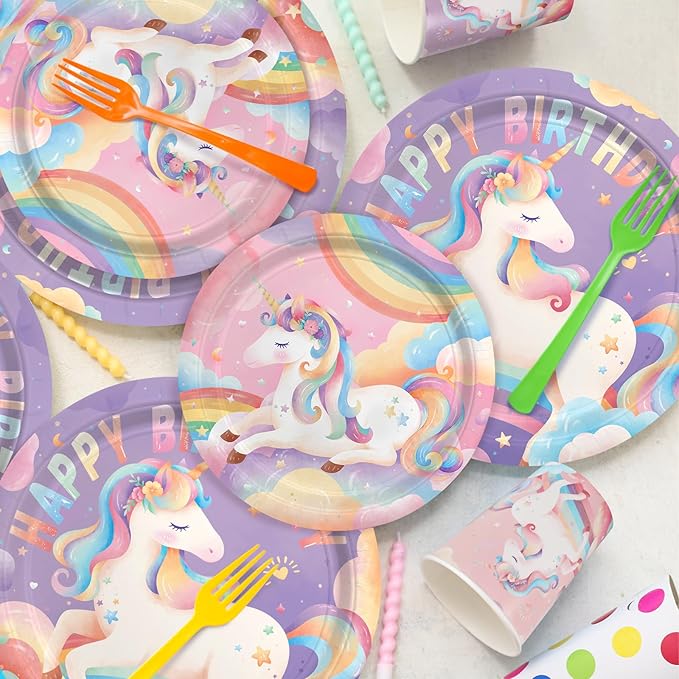 birthday Party Supplies Kit for 24 Guests - for Unicorn Birthday Decorations, Includes Dinner & Dessert Plates, Napkins, Cups, Banner and Tablecloth for Unicorn 1st Birthday Party Decorations