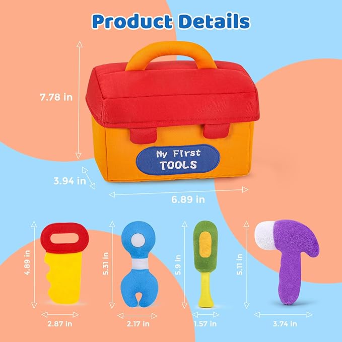 KMUYSL Baby Toys 6-12 Months, My First Tools Plush Toys -4 Pcs Sensory Playset Soft Toys with Squeaker Crinkle for 6-9-12 Months Newborn Infant, Birthday Christmas Gifts for Boys Girls