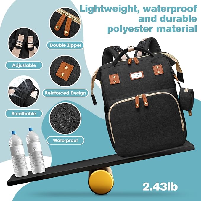 Diaper Bag Backpack, Large Waterproof Lightweight Diaper Bag with Changing Station, Insulated Pockets, USB Port & Stroller Straps, Travel Baby Bag for Mom and Dad, Baby Shower Gifts (Black)