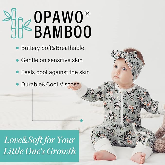 OPAWO Viscose from Bamboo Baby Pajamas Girl 2pack Mittens Cuff 2 Way Zipper Soft Footless Sleeper Baby Boy One-Piece Romper