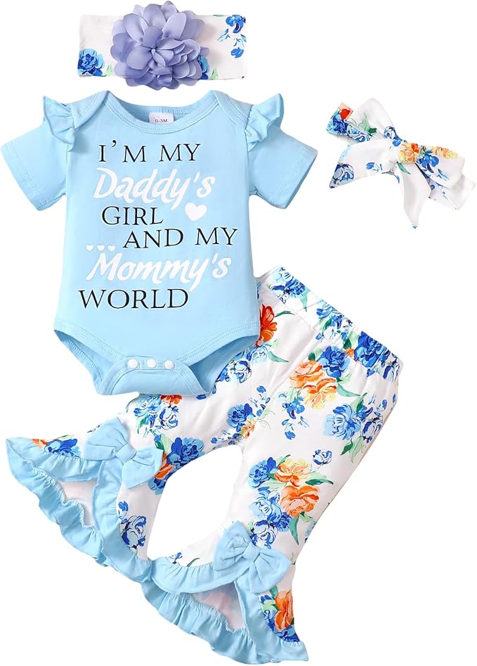 SUNNY PIGGY Newborn Baby Girl Clothes Infant Outfits Romper Floral Fall Outfit Bell Bottoms Pant Sets Hat Headband Flowerpant