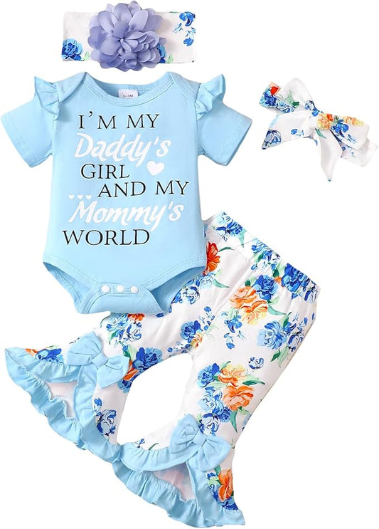 SUNNY PIGGY Newborn Baby Girl Clothes Infant Outfits Romper Floral Fall Outfit Bell Bottoms Pant Sets Hat Headband Flowerpant