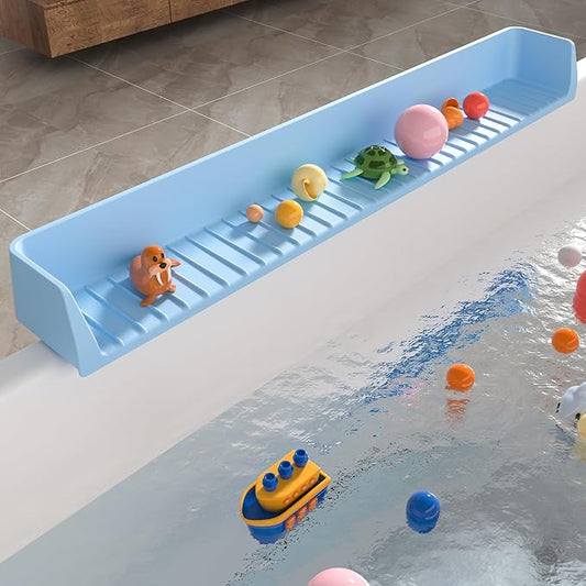 Longer Splash Guard for Bathtub Kids, Silicone Water Splash Guard, Toy Tray Caddy Holder for Tub, Bathtub Splash Guard Prevent Water Spills in Bathroom (2.6FT, Blue)