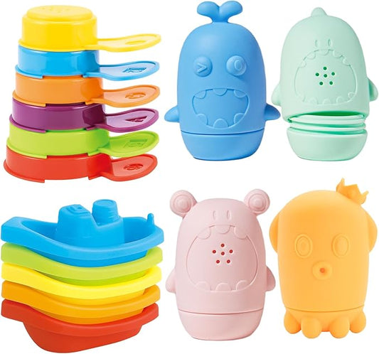 Baby Bath Toys for Toddlers, 15 PCS Mold Free Bathtub Water Play Toys with Rainbow Color Floating Boats Spoons and Silicone Sensory Bath Toys, Water Table & Pool Toys for Babies and Toddlers