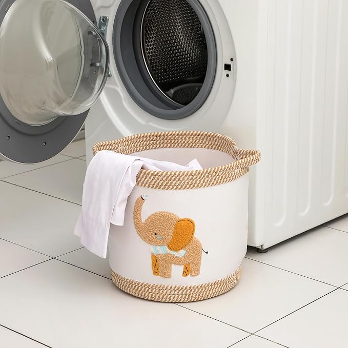 Baby Toy Basket Blanket Baskets Laundry Hamper Cute Elephant Nursery Organization Bins with Handle, Woven Cotton Rope Nursery Storage Basket For Girls Boys Kids Baby Shower Gifts Baskets