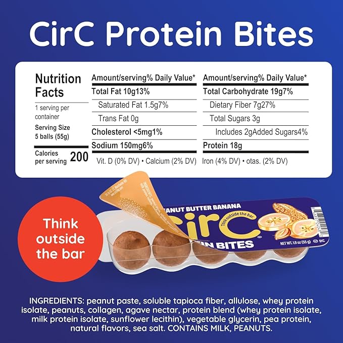 CirC Protein Bites - 12 Count Peanut Butter Banana High Energy Balls - 18g of protein from 4g Collagen 5g of net carbs, Whey & Peanuts - Portable Healthy Snacks in 5-Piece Resealable Packs