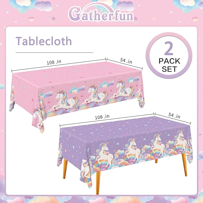 Gatherfun Unicorn Party Supplies Set: Perfect Unicorn Birthday Decorations, Includes 2-Pack Unicorn-Themed Tablecloths for Kids & Girls 1st Birthday, Disposable Table Covers 54 x 108 Inch