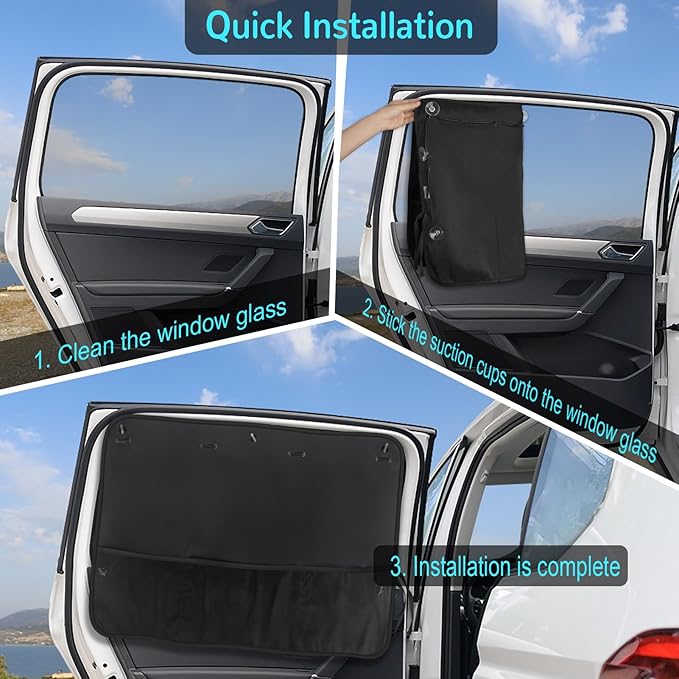 Car Sun Shade Side Window, 2 Pcs Blackout Car Window Shade for Baby Privacy with Storage Net Pockets Car Curtains 7 Suction Cups for Heat/UV Protection Sun Block Covers