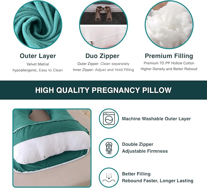 Pregnancy Pillow, Full Body Maternity Pillow 57 inch, with Removable Washable Cover - Sleep Support for Legs, Back, Neck, Shoulder, HIPS, Belly, Velvet Cover (Dark Green)
