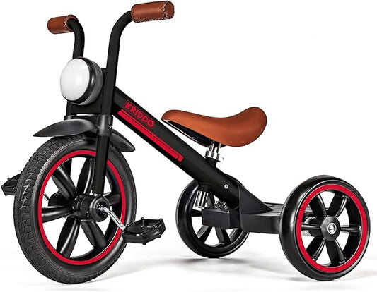KRIDDO Kids Tricycle, 12 Inch Puncture Free Wheel w Front Light, Adjustable Seat Height, Gift for 2-5 Year Olds, Trike for Toddlers, Black
