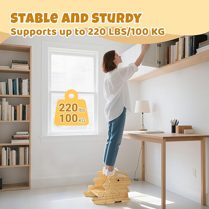 COSYLAND 2 Step Stool for Kids – Height Adjustable Non-Slip Toddler Stepping Stool for Bathroom Sink & Potty Training - Stable Dinosaur Shaped Kids Stool for Kitchen, Bedroom & Home (Natural)