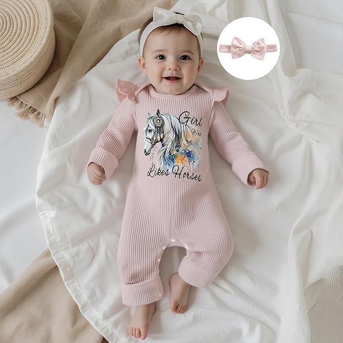 WZTYYDS Newborn Baby Girl Clothes Ribbed Romper Print Long Sleeve Jumpsuits Bow Headband Set Infant One-piece Outfits