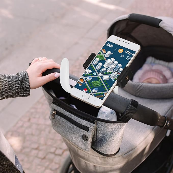 Amylove 2 Pcs Stroller Phone Holder Portable Cell Phone Holder Stand Universal Stroller Accessories for Parent Baby Toddler Cellphone Clamp with Non Slip Silicone Arm Grip(White,Novel)