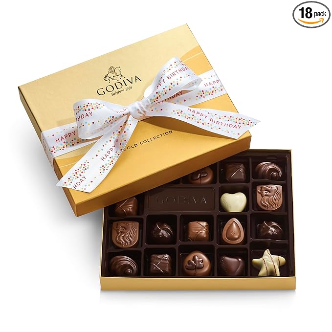 Godiva Chocolatier Birthday Ribbon 18-Piece Assorted Chocolate Gift Box – Gourmet Chocolate Candy Variety Pack – Dark Caramel, Milk Chocolate, Nuts– Gift Basket for Birthday and Anniversary
