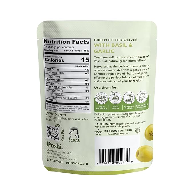 Poshi Green Pitted Olives | Basil & Garlic | Vegan, Kosher, Gluten Free + Keto Friendly, Fresh, Low Calorie Healthy Snacks | (30 Pack, 1.1oz Bags)