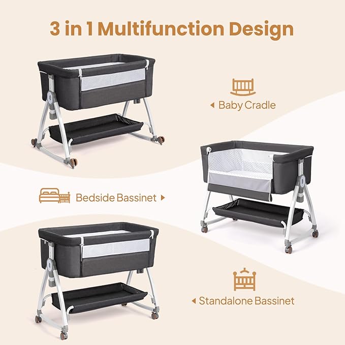 JOYMOR 3 in 1 Baby Bassinet, Bedside Bassinet for Baby, with Comfy Mattress and Wheels, 6 Height Adjustable Easy Folding Portable Bedside Crib for Newborn (Black)