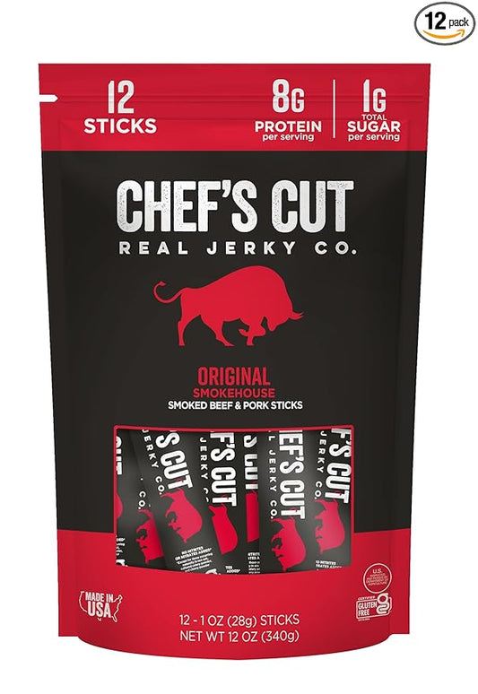 Chef's Cut Smoked Beef and Pork Jerky Meat Sticks, Original Smokehouse (1 Ounce Stick, Pack of 12) - High Protein, 8g Protein, 90 Calories, Gluten-Free, Individually Wrapped, Keto Friendly Snack, Low Carb Snack