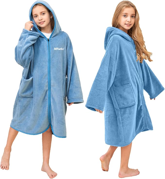 Hiturbo Kids Bath Towel Hoodie: Soft Plush Zipper Surf Poncho - Warm Fleece Changing Towels Swimming Outerwear (Blue)