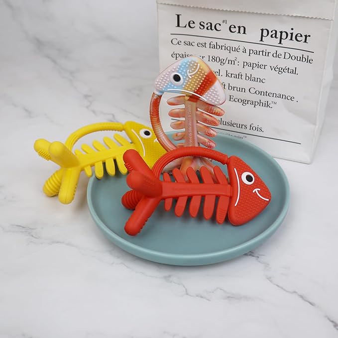 3in1 Infant Toys, Baby Teething Toys 3-6 6-12 Months, Teethers for Babies 3-6-12 Months, for Teething Relief, Baby Gift, Silicone,Sensory Toys 0-6 Months,USA Patent Pending,Fish,(Olive)