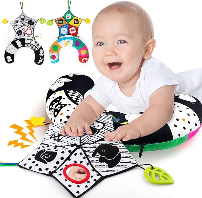 teytoy Tummy Time Pillow with Crinkle Mat & Teethers, Black and White High Contrast Baby Toys with Mirror, Montessori Sensory Crawling Toy for Infant Newborn Toddler Tummy Time Toys 0-6 Months Babies