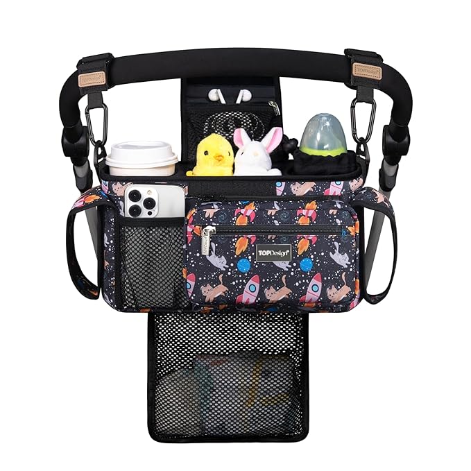 TOPDesign Universal Baby Stroller Organizer, Stroller Caddy with Detachable Mesh Bag & Heightened Insulated Cup Holders & Non-Slip Secure Hooks Accessories, Fits Most Strollers (Cats & Rockets)