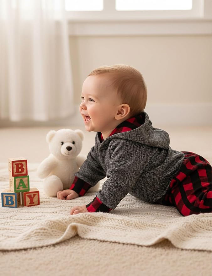 Fommy Newborn Baby Boy Clothes Plaid Letter Print Long Sleeve Hoodies + Long Pants 2PCS Fall Winter Outfits Set