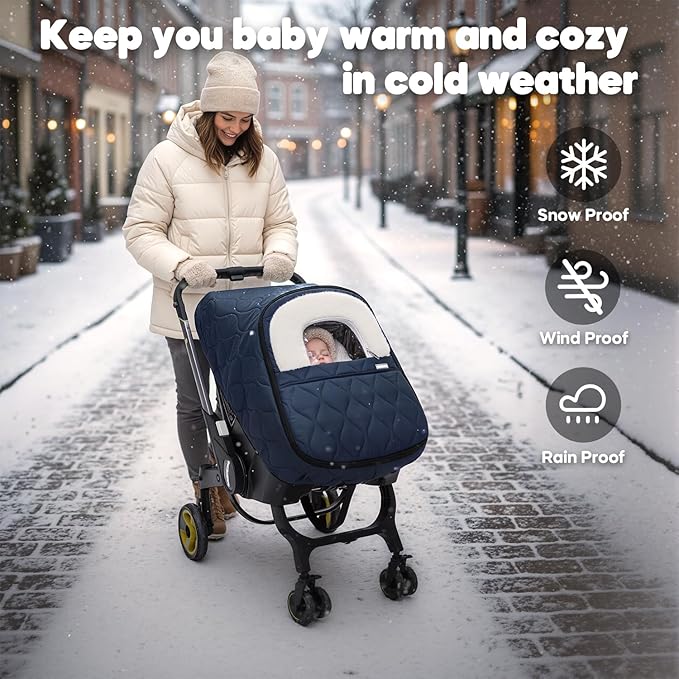 Winter Baby Car Seat Cover, Waterproof, Windproof Warm Fleece Breathable with Full Zipper for Newborn Car Seat, Navy