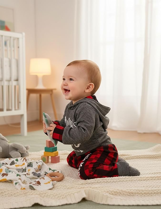 Fommy Newborn Baby Boy Clothes Plaid Letter Print Long Sleeve Hoodies + Long Pants 2PCS Fall Winter Outfits Set