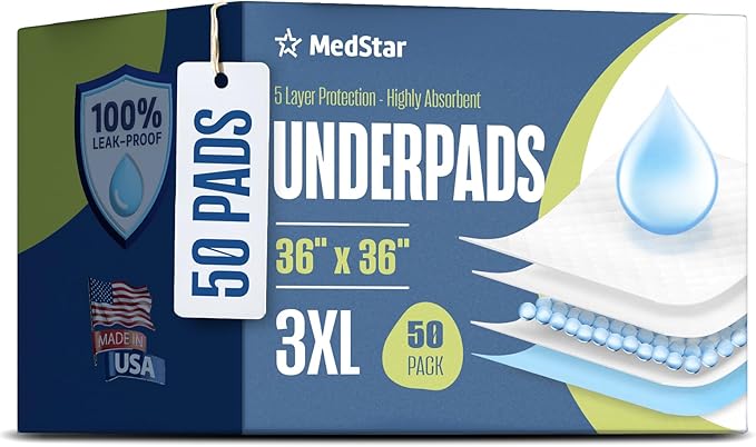 Disposable Underpads 36"x36" XXL (50-Count) – Made in The USA, Leakproof, Incontinence Bed Pads for Adults, Kids, Pets & Seniors – Disposable Chux Pee Pads Max Absorbency Blue