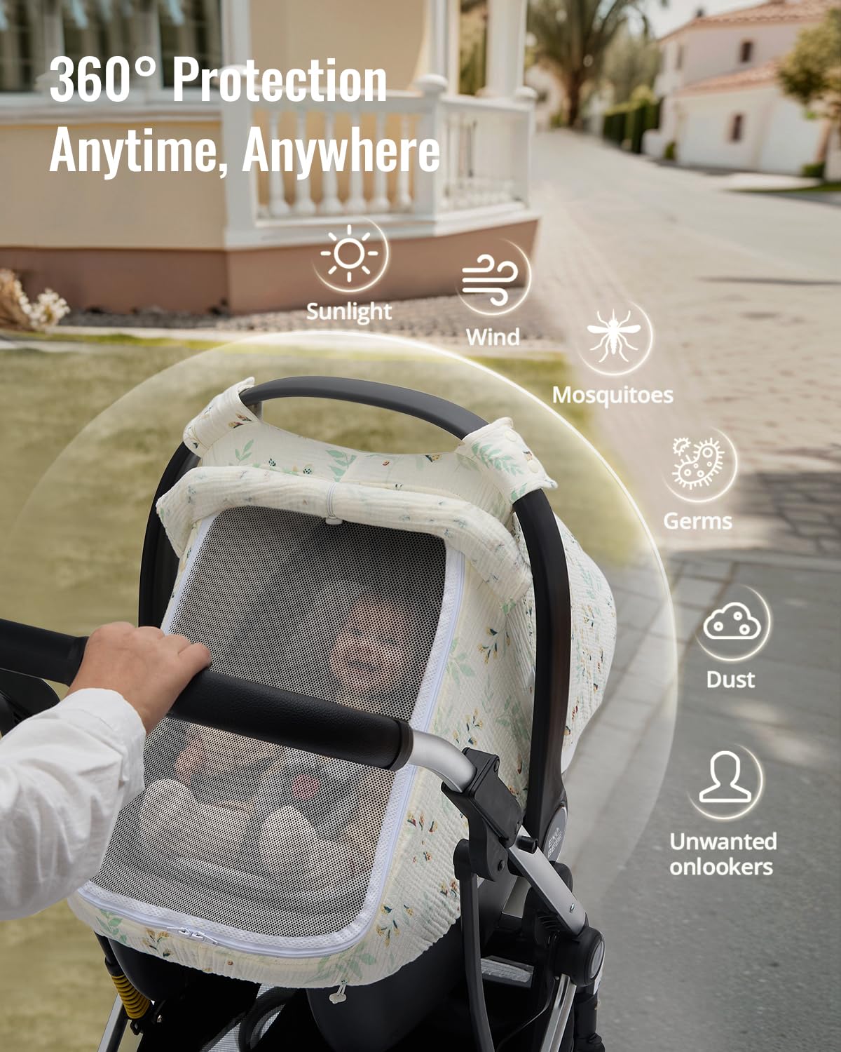 Blissful Diary Baby Car Seat Cover, Extra Large Mesh Window, Breathable Muslin Cotton, Infant Windproof Canopy, Must-Have Baby Gift - Roman Green