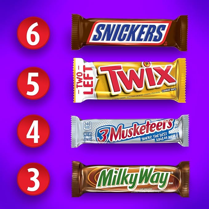 SNICKERS, TWIX, MILKY WAY & 3 MUSKETEERS Individually Wrapped Variety Pack Full Size Milk Chocolate Halloween Candy Bars Assortment, 33.31 oz, 18 Bars Bulk Candy Box