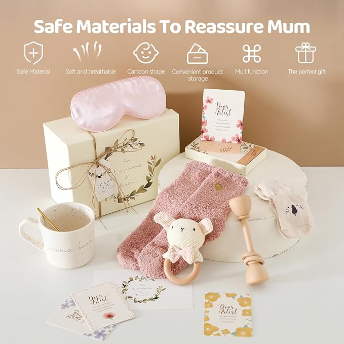 New Mom & Baby Gift Basket | Pregnancy & Baby Shower Gifts for First-Time Moms | Pink Mama Bear Mug & Bunny Rattle Gift Set