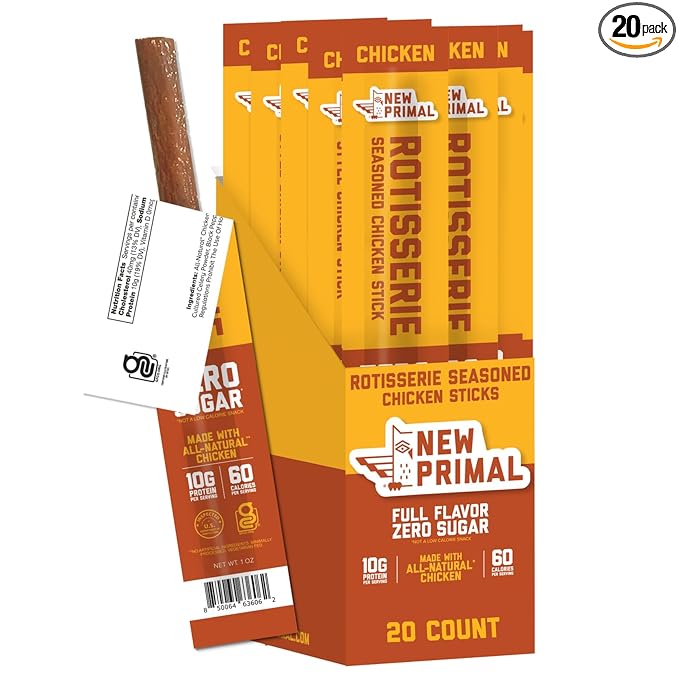 New Primal Rotisserie Chicken Sticks, Zero Sugar High Protein Snack, Gluten Free Whole30 Healthy Snacks, Keto and Paleo Friendly, Jerky Meat Stick, 10g Protein, 20 Ct