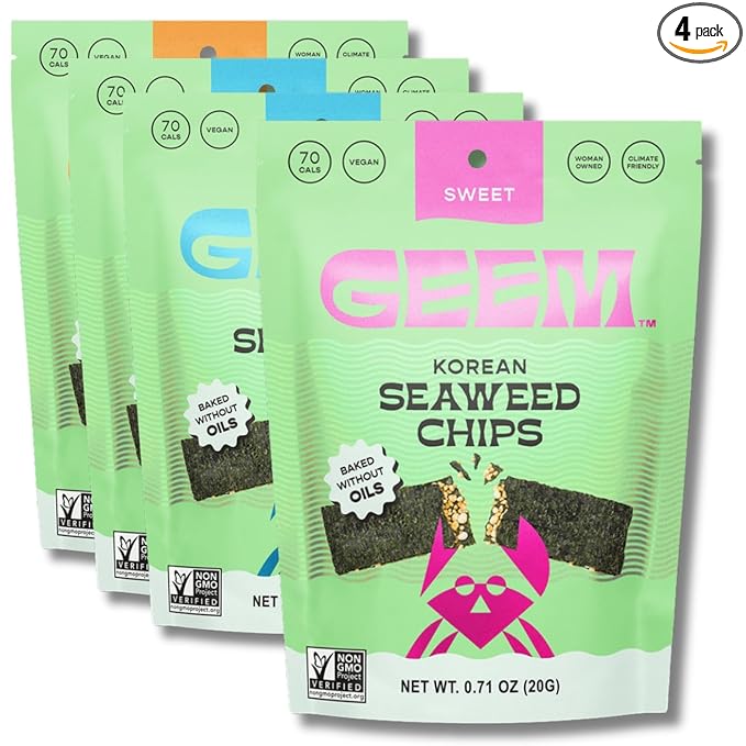 GEEM Seaweed Snacks – Korean Seaweed Chips with Rice Crisps & Sesame | Crunchy, Oil-Free Snack | Vegan, Non-GMO | Great for Kids & Adults | Variety 4-Pack